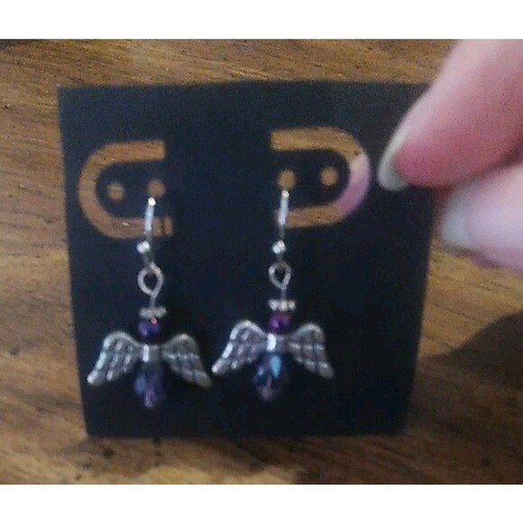 Angel Silver Tone Crystal Earrings, Dangle Purple - Picture 1 of 4